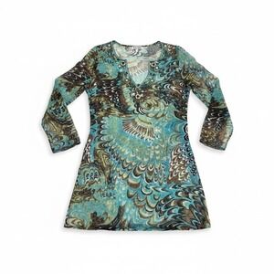Rhona Sutton Beaded Peacock Print Sheer Tunic Top Turquoise Green Brown Small